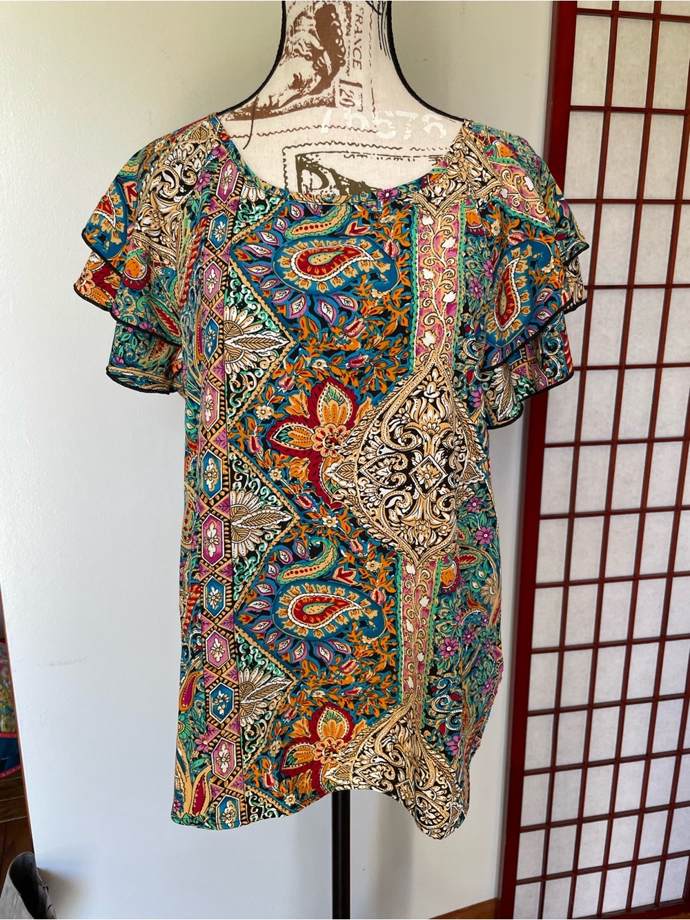 Shein Colorful Paisley Flutter-Sleeve Blouse, Size M